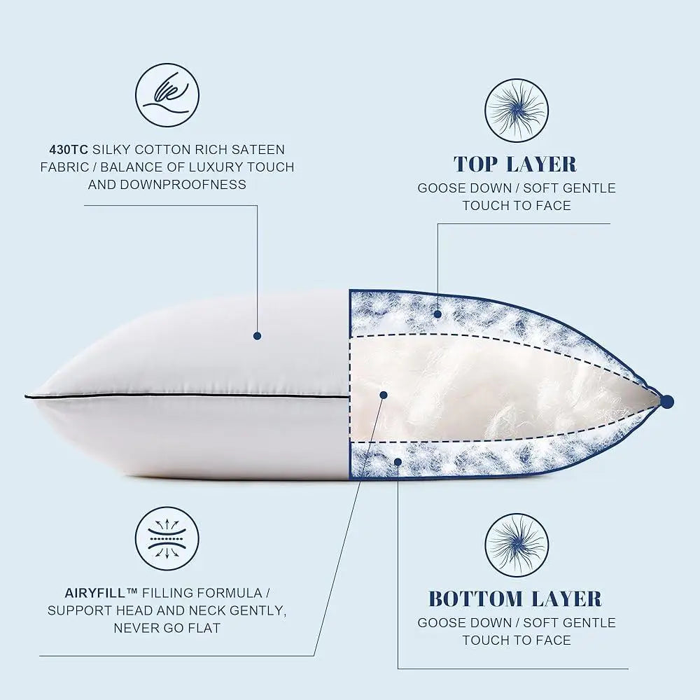 Luxury Goose Feather Down Pillows King Size Set of 2 Luxury Hotel Collection Airyfil Filling Comfort Support Sleeping Pillow