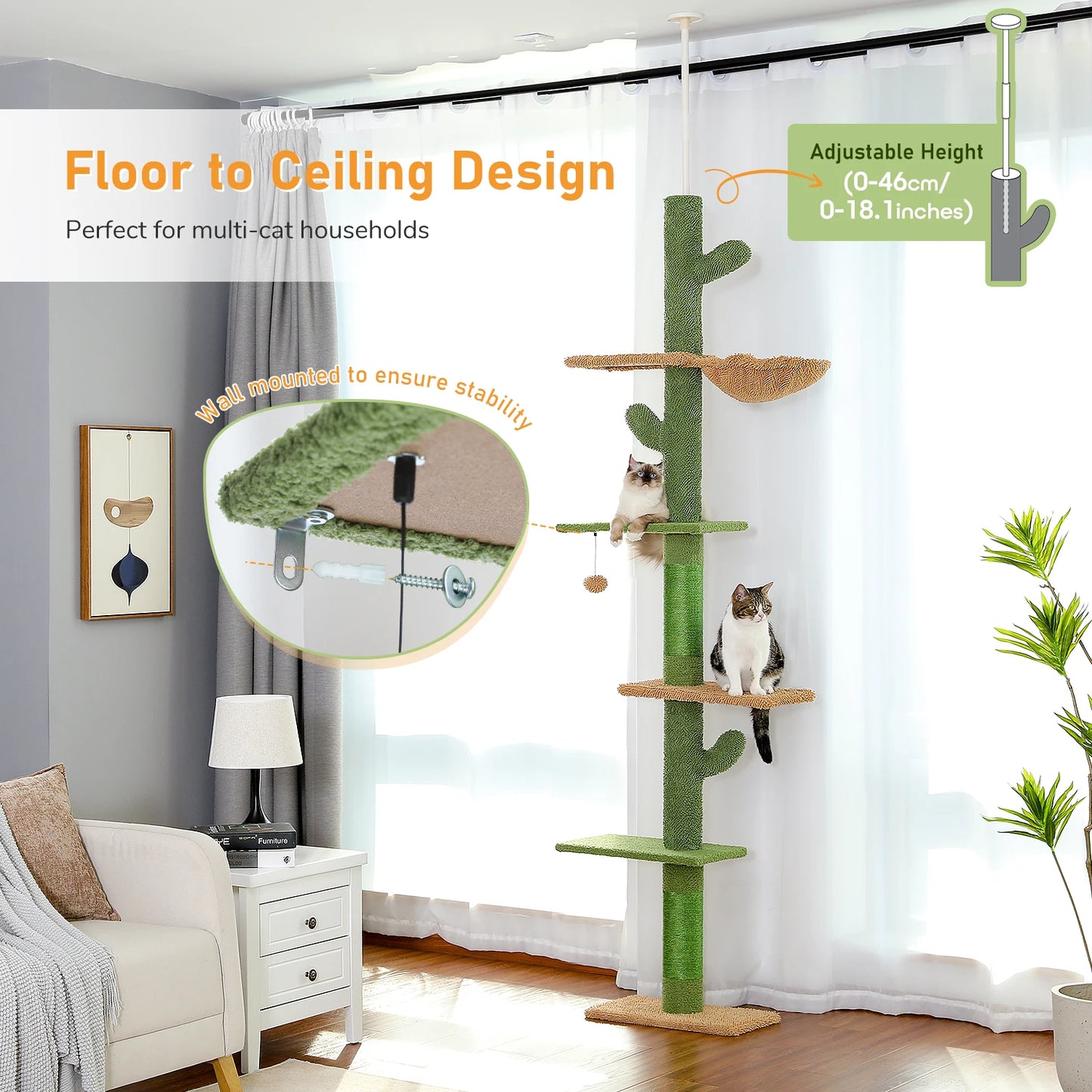 5-Tier Floor to Ceiling Cat Tower, Cactus