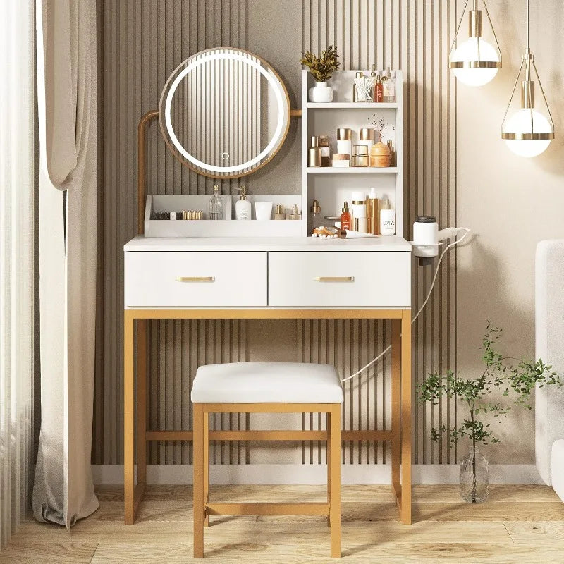 Makeup Vanity with Round Mirror and Lights