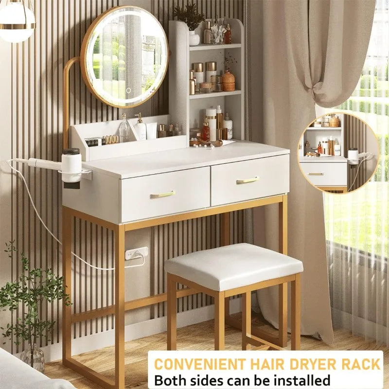 Makeup Vanity with Round Mirror and Lights