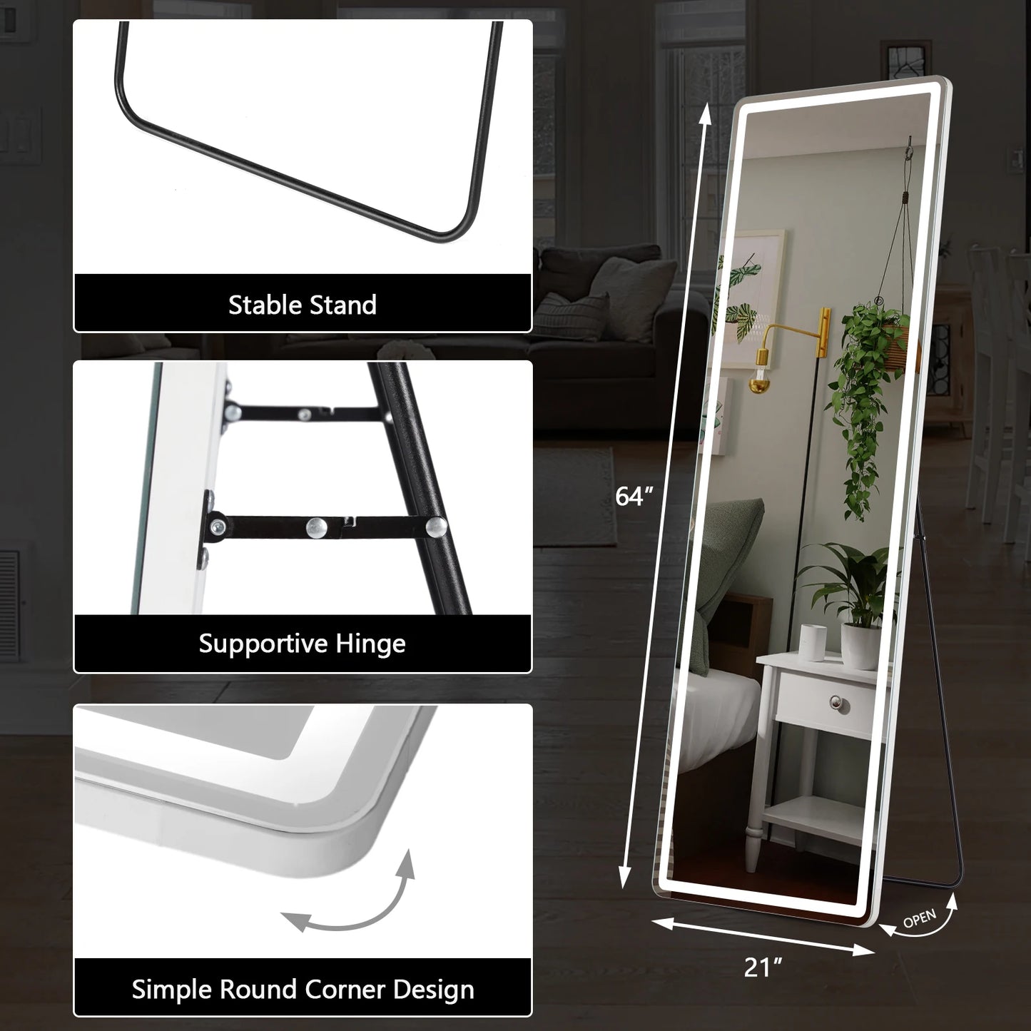 Led 64"x21" Full Length Mirror Standing/Hanging