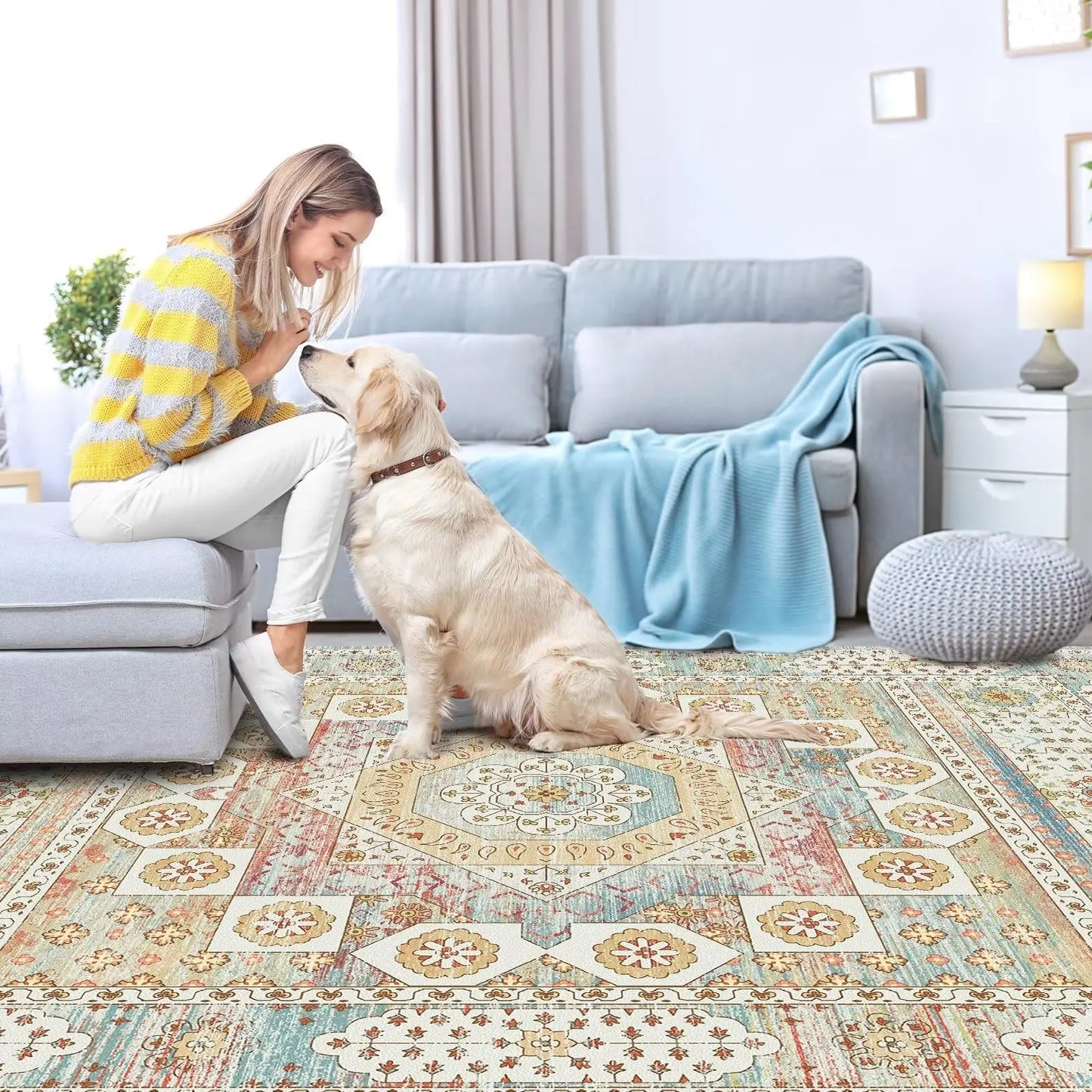 Vintage Area Rug with Non-Slip Backing, Washable