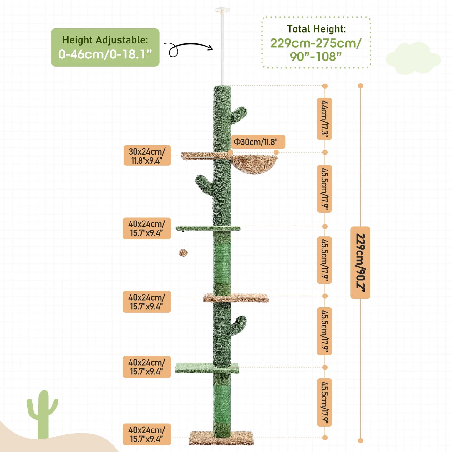5-Tier Floor to Ceiling Cat Tower, Cactus