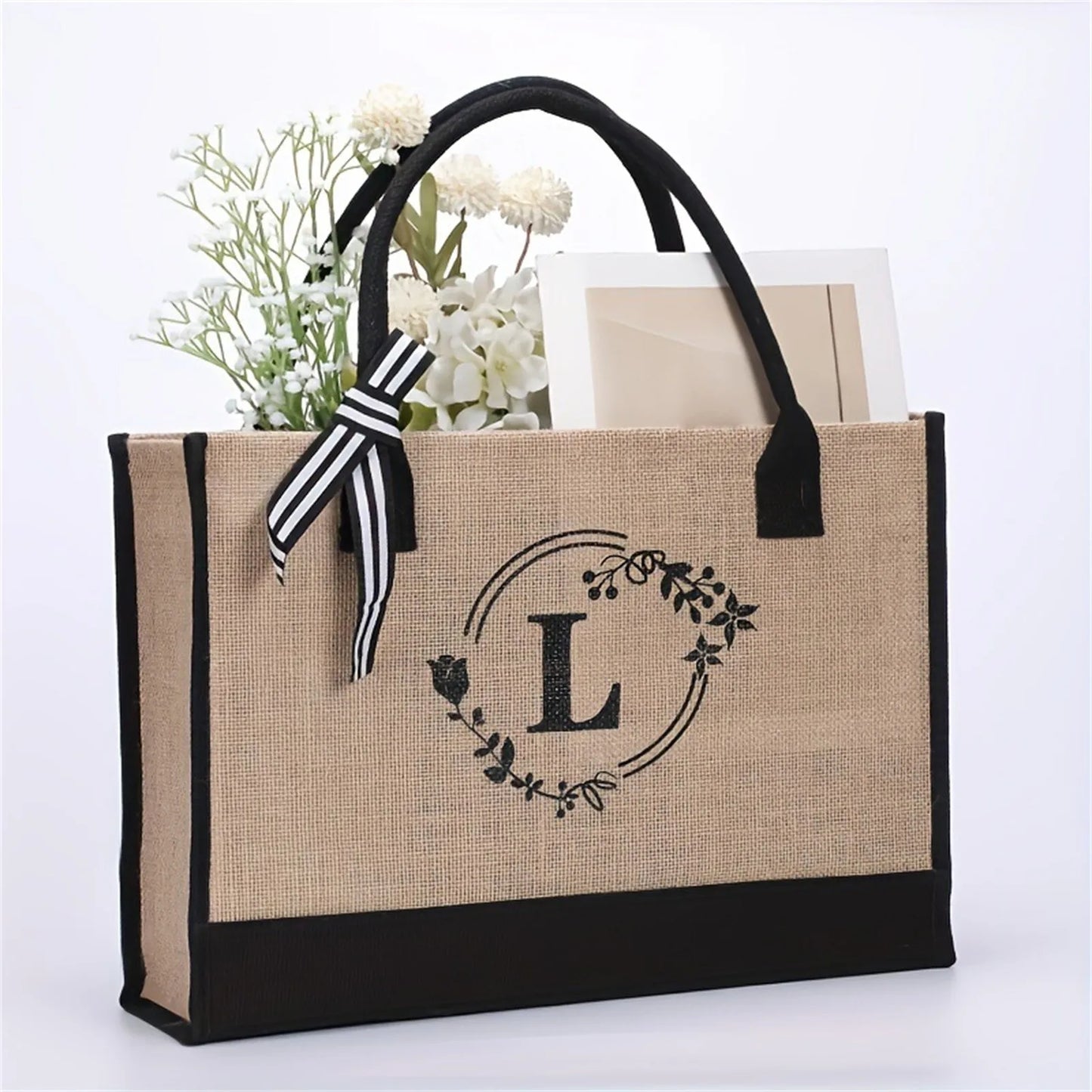 Jute/Canvas Initial Women's Shoulder Travel Bag