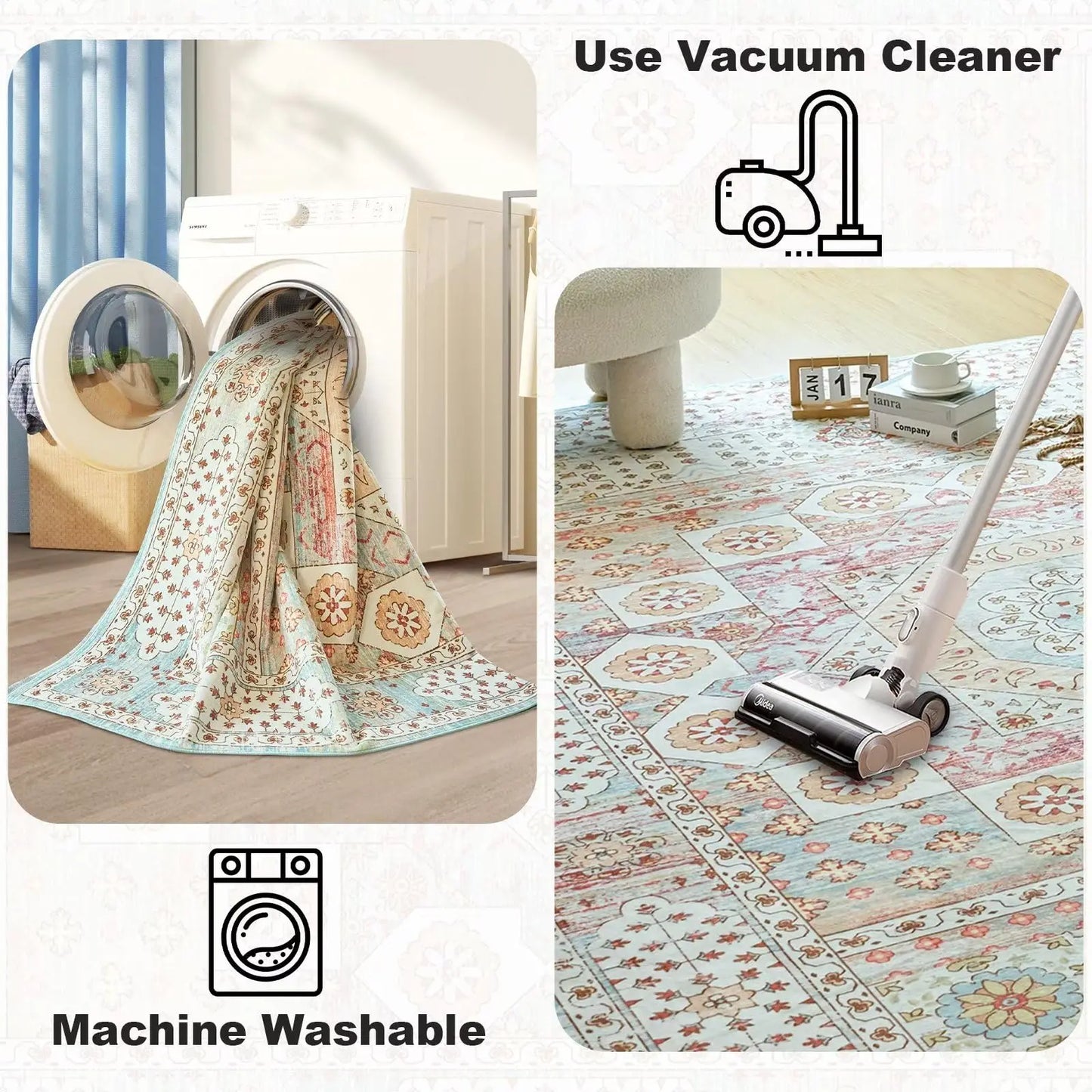 Vintage Area Rug with Non-Slip Backing, Washable