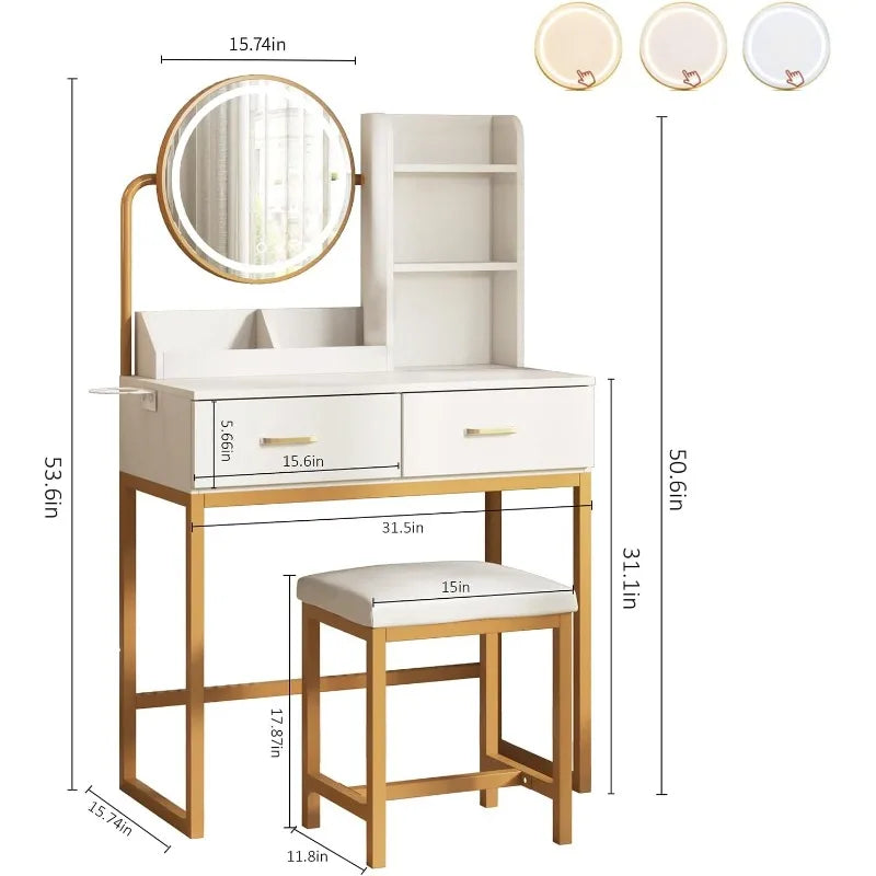 Makeup Vanity with Round Mirror and Lights