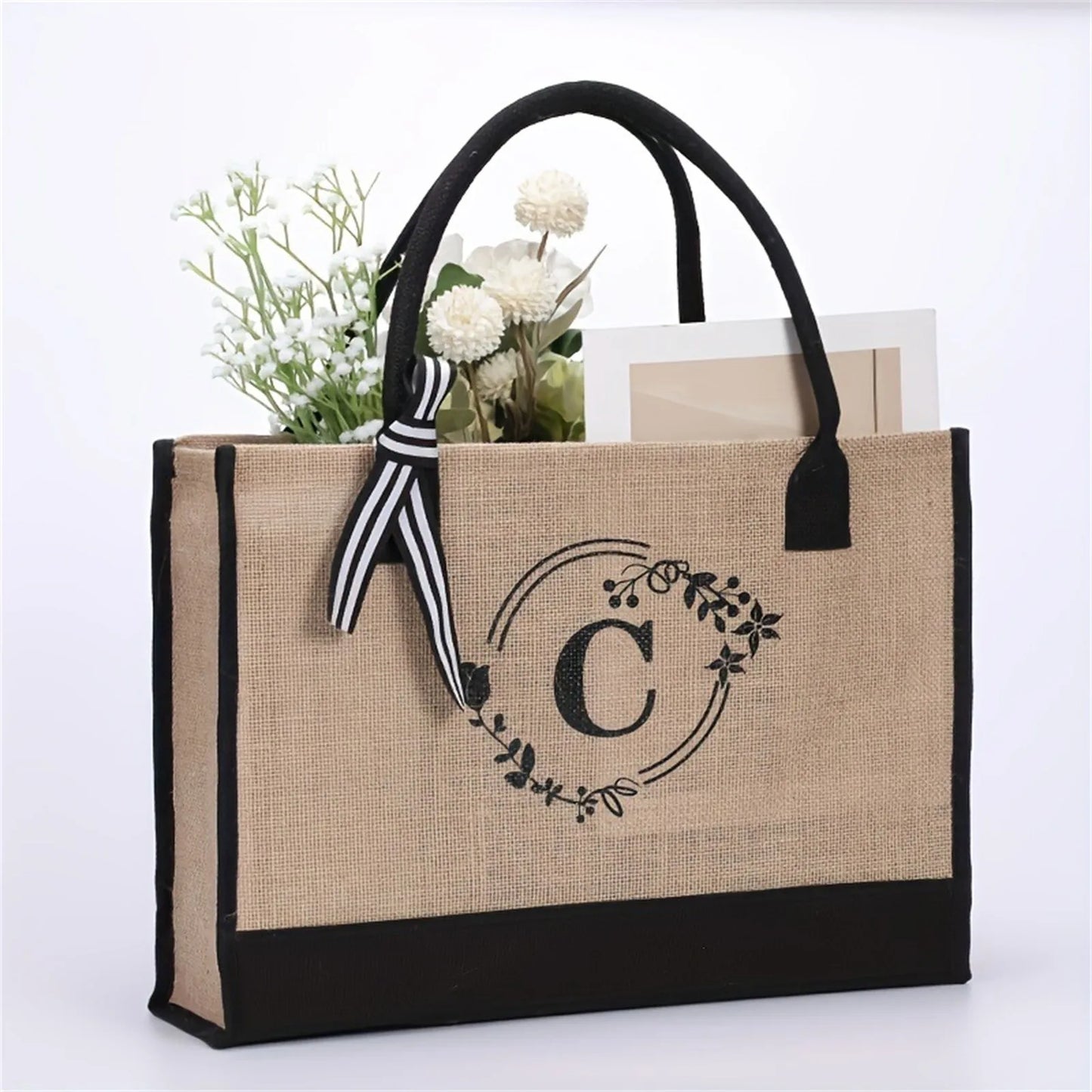 Jute/Canvas Initial Women's Shoulder Travel Bag