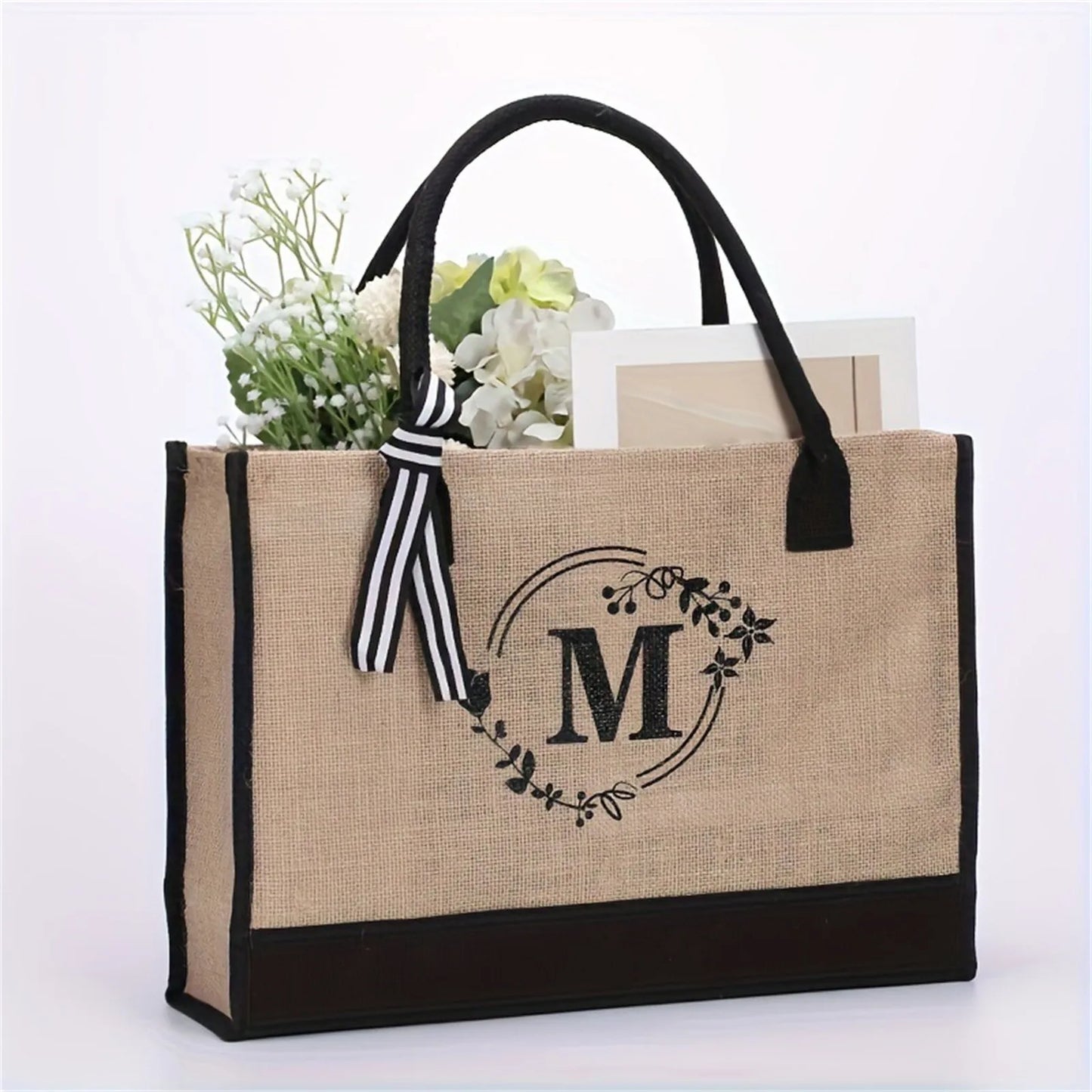 Jute/Canvas Initial Women's Shoulder Travel Bag