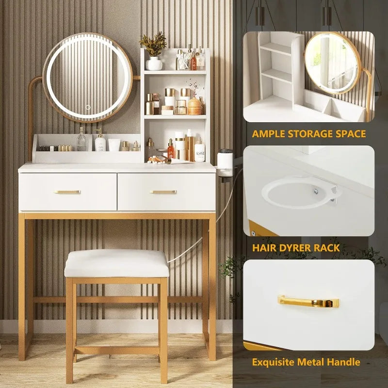 Makeup Vanity with Round Mirror and Lights