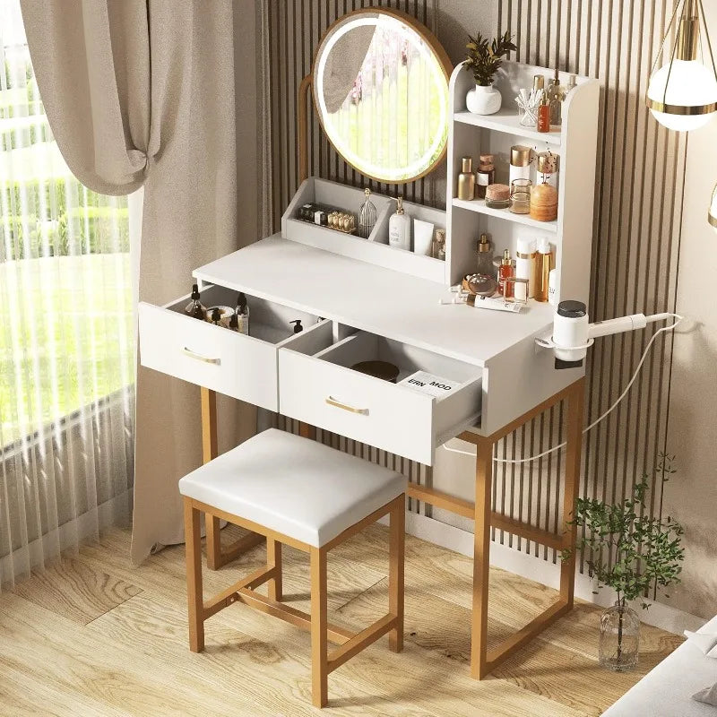 Makeup Vanity with Round Mirror and Lights