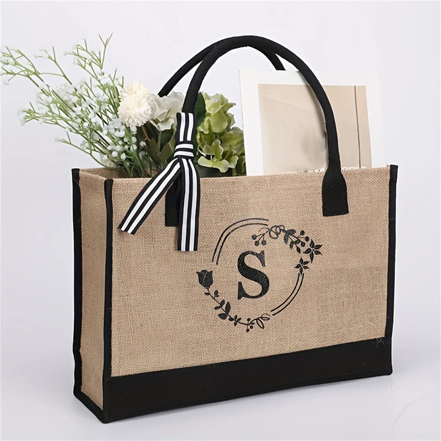 Jute/Canvas Initial Women's Shoulder Travel Bag