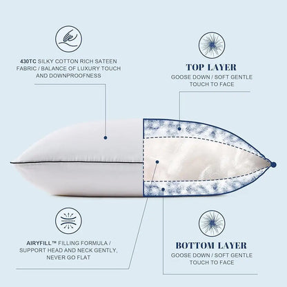 Luxury Goose Feather Down Pillows King Size Set of 2 Luxury Hotel Collection Airyfil Filling Comfort Support Sleeping Pillow