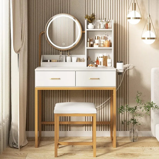 Makeup Vanity with Round Mirror and Lights