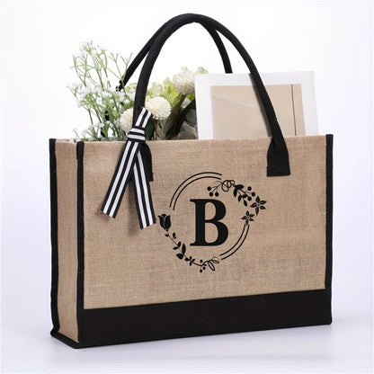 Jute/Canvas Initial Women's Shoulder Travel Bag