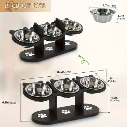 3 Stainless Steel Pet Bowls, Wood Brackets