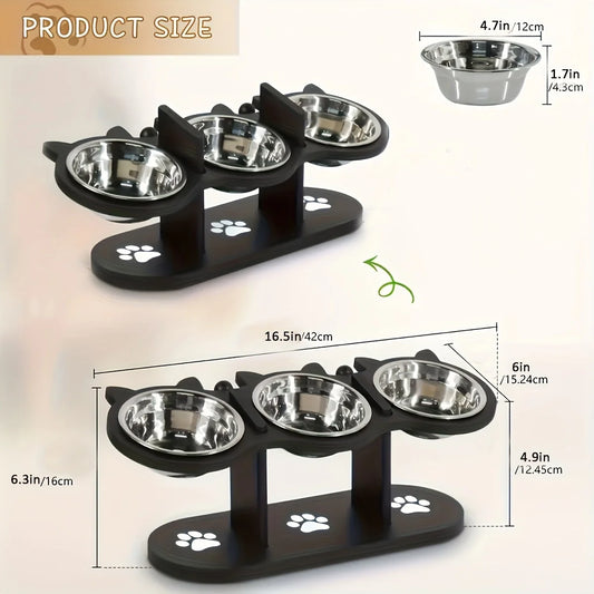 3 Stainless Steel Pet Bowls, Wood Brackets