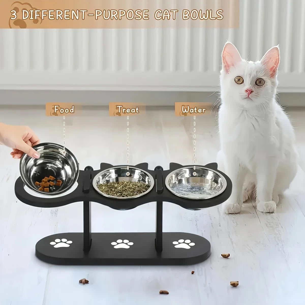 3 Stainless Steel Pet Bowls, Wood Brackets