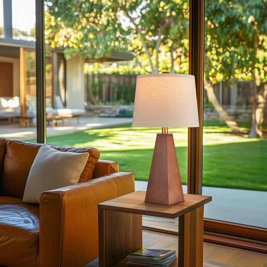 Small Wood Table Lamp With Beige Linen Shade