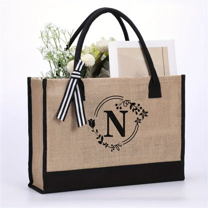 Jute/Canvas Initial Women's Shoulder Travel Bag