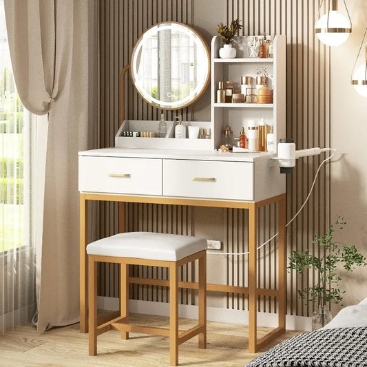 Makeup Vanity with Round Mirror and Lights