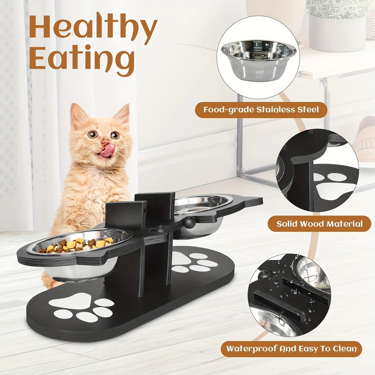 3 Stainless Steel Pet Bowls, Wood Brackets