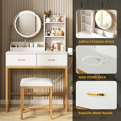 Makeup Vanity with Round Mirror and Lights