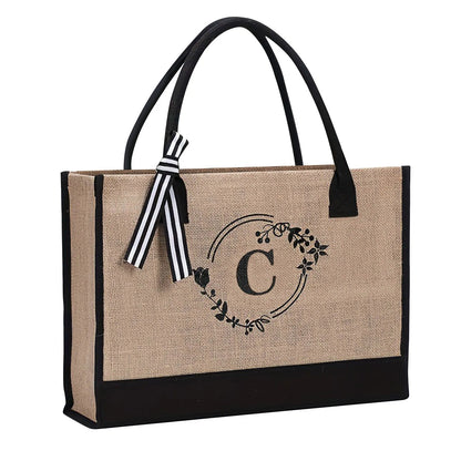 Jute/Canvas Initial Women's Shoulder Travel Bag