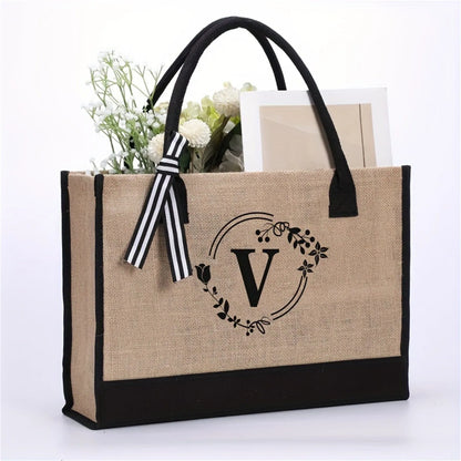 Jute/Canvas Initial Women's Shoulder Travel Bag