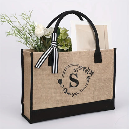 Jute/Canvas Initial Women's Shoulder Travel Bag