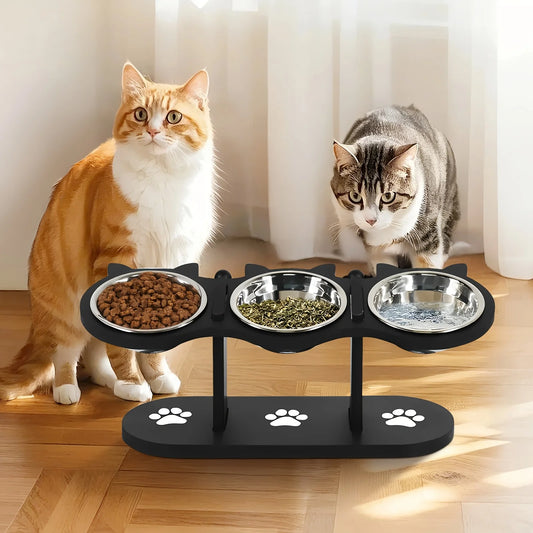 3 Stainless Steel Pet Bowls, Wood Brackets